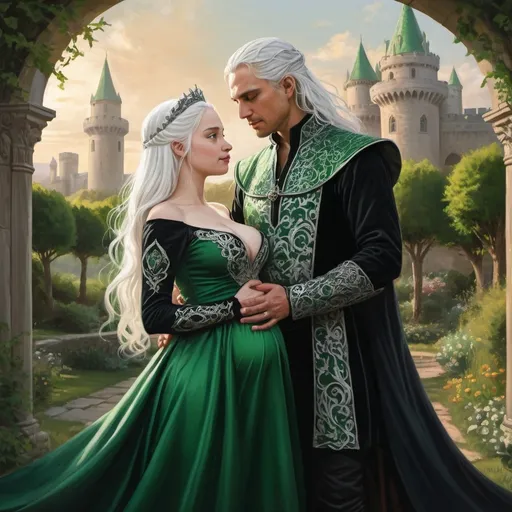 Prompt: realistic fantasy painting two Targaryens, a mildly pregnant princess woman with white hair, man with a semi-long white hair, wearing green and black detailed ornate medievel gowns, forbidden love, dramatic scenery, powerful lighting, happy moment, garden, sun