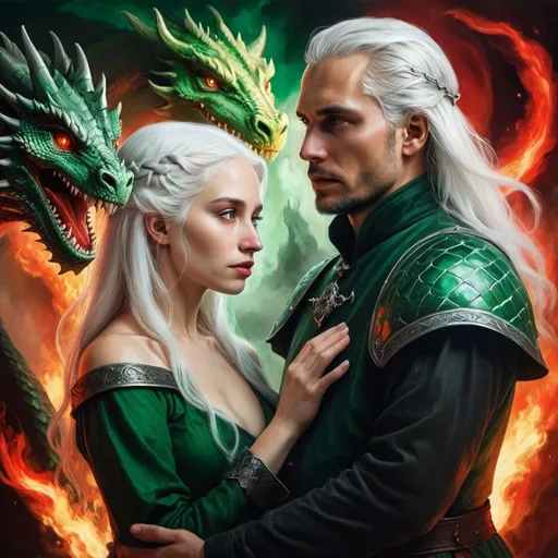 Prompt: fantasy mystical painting of two targaryens, man and woman, white hair, combination of green, red and black colours, a lot of mystery, dragons, fire, medieval setting, dramatic lighting, interesting colouring, forbidden love