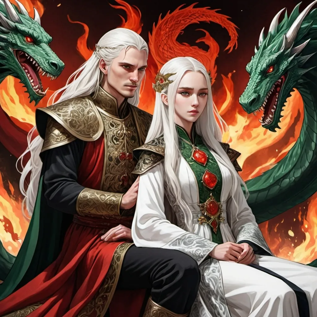 Prompt: tarot card Anime illustration, realistic, Princess Visenya and young king Aemond, white long hair, fierce, arrogant, detailed ornate cloth robe red-green-black, dramatic lighting, dragon ornaments, Targaryens, Game of Thrones theme, wedding gowns, animosity, fire, hate each other