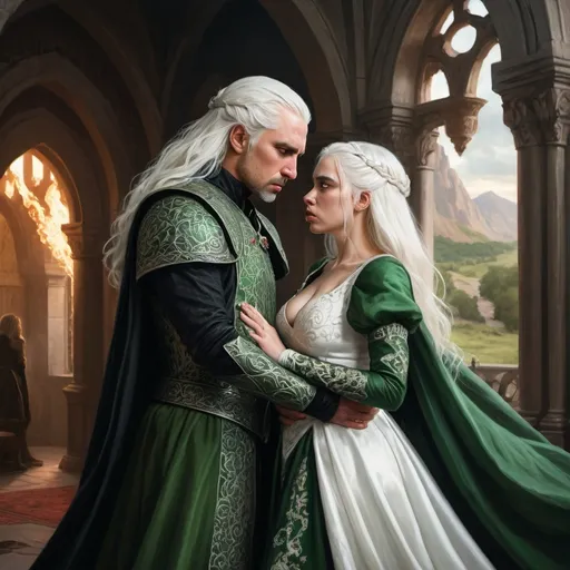 Prompt: realistic fantasy painting two Targaryens, a mildly pregnant princess woman with white hair, man with a semi-long white hair, wearing green and black detailed ornate medievel gowns, forbidden love, dramatic scenery, powerful lighting, unhappy moment, angry argument