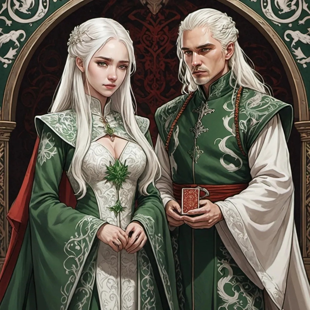 Prompt: tarot card Anime illustration, realistic, detailed ornate cloth robe, royal wedding, detail, less anime, two people, white and green colour, game of thrones themed, white longer hair, targaryen, fierce, dragons, blood, wedding ritual, valyria, hate each other