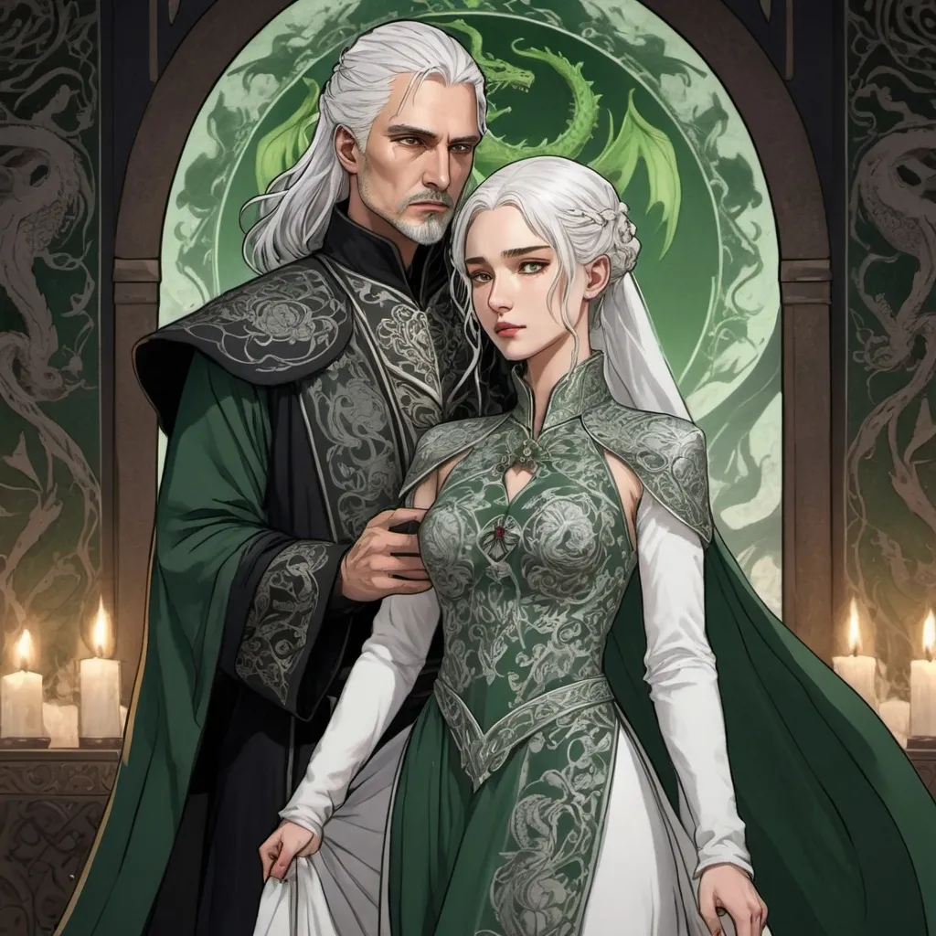 Prompt: tarot card Anime illustration, a silver-haired woman, detailed ornate green-and-black cloth robe, dramatic lighting, dragon embroidery motive, wedding dress, princess, Targaryen, Game of Thrones theme, wedding to a man standing behind her, white hair, young dangerous scarred look, Aemond Targaryen, hate each other, forced marriage