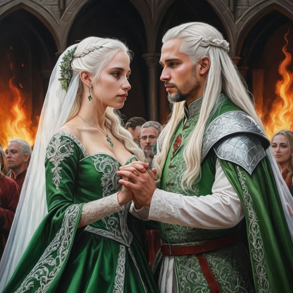 Prompt: realistic fantasy painting two Targaryens, wedding ceremony ritual, royal, extraordinary, white-hair, fire and blood, dance with dragons, green colours, medieval, detailed ornate gowns