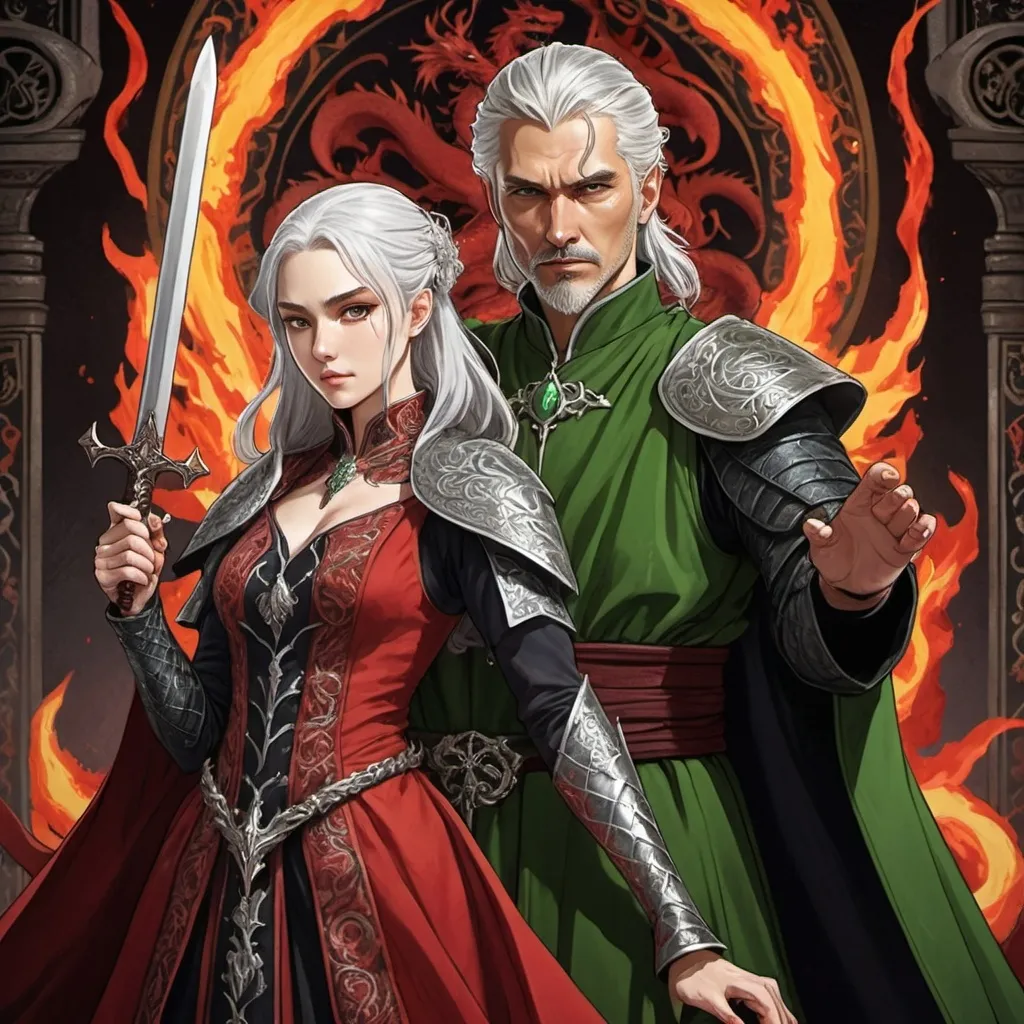 Prompt: tarot card Anime illustration, power duo, a silver-haired fierce woman, wedding day, detailed ornate red-and-black cloth robe, dramatic lighting, dragon embroidery motive, holding a dagger, blood, fire, Targaryen, Game of Thrones theme, and a silver-haired man dressed in green, holding sword, he is the king, young