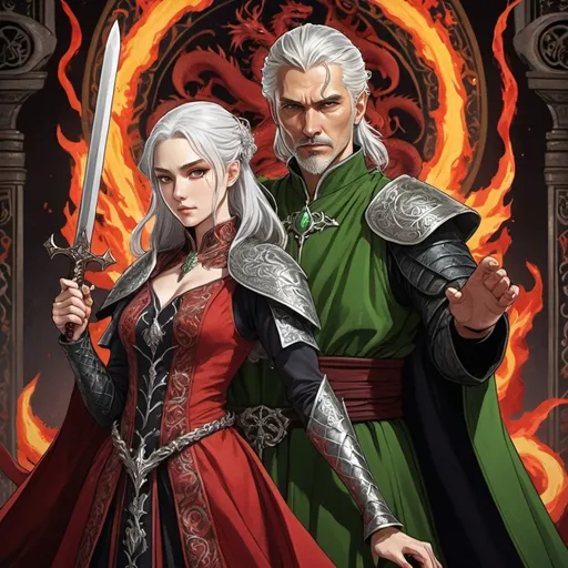 Prompt: tarot card Anime illustration, power duo, a silver-haired fierce woman, wedding day, detailed ornate red-and-black cloth robe, dramatic lighting, dragon embroidery motive, holding a dagger, blood, fire, Targaryen, Game of Thrones theme, and a silver-haired man dressed in green, holding sword, he is the king, young