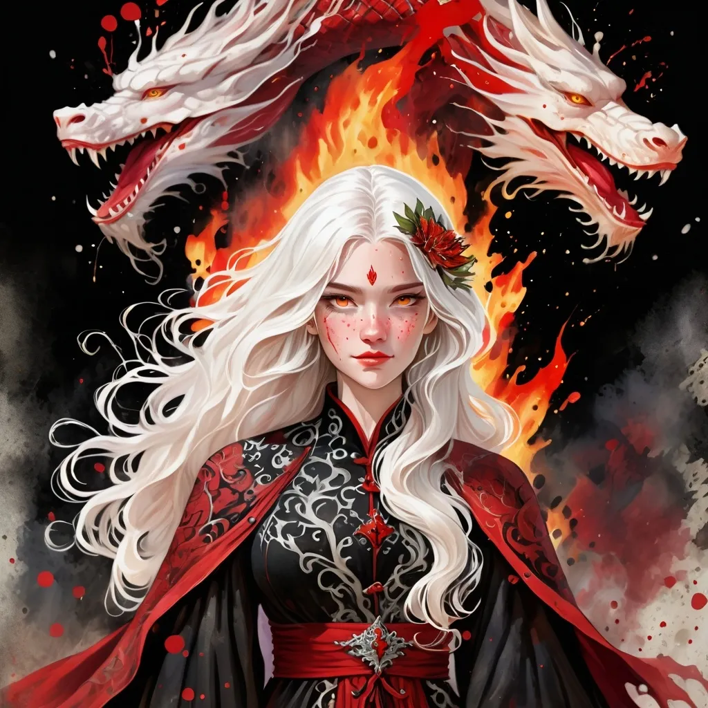 Prompt: digital watercolor painting, a long white haired princess, wearing a detailed ornate cloth robe medieval, paint splatter, black and red, bold brush strokes, art nouveau, targaryen, dragon motive, fire, game of thrones theme, princess