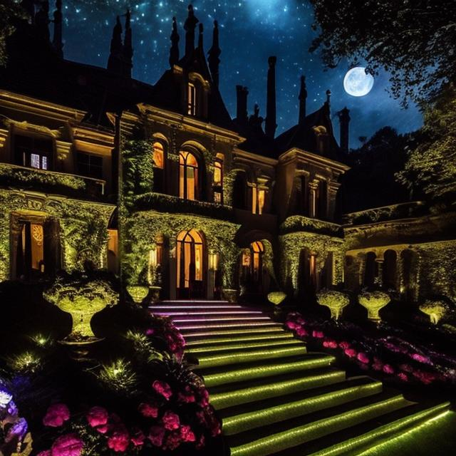 Prompt: a beautiful outdoors nightclub behind a modern mansion in a fantasy-styled garden at night, with beautiful flowers lit by moonlight