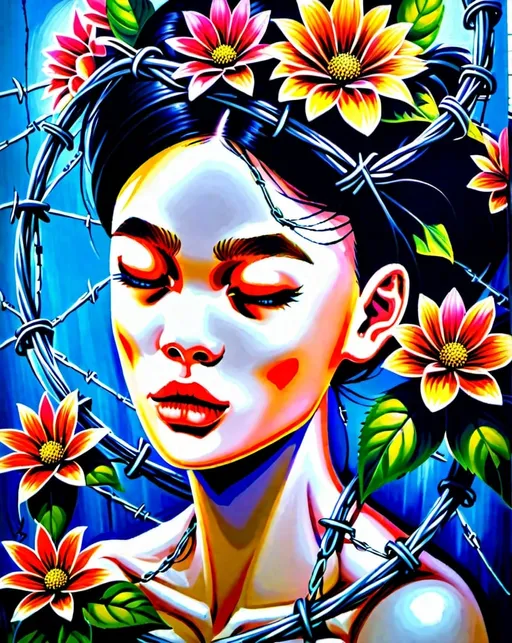 Prompt: oil painting of women's face wrapped with barbed wire, flowers background, big flowers, highly detailed, peaceful, expressionism, samdoesart, extremely finest smallest perfect details, dynamic lighting, neon bright colors