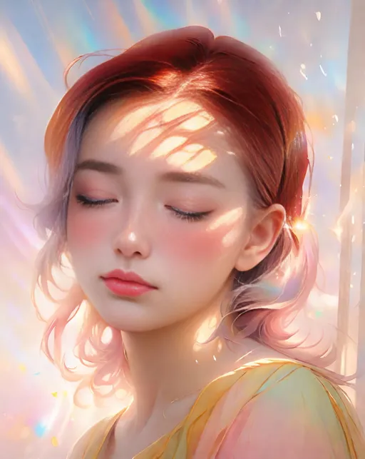 Prompt: oil painting of a beautiful women full of hope, emotional, eyes closed, pastel colors, sun rays, front, dreamy atmosphere, peaceful, trending on artstation, highly detailed