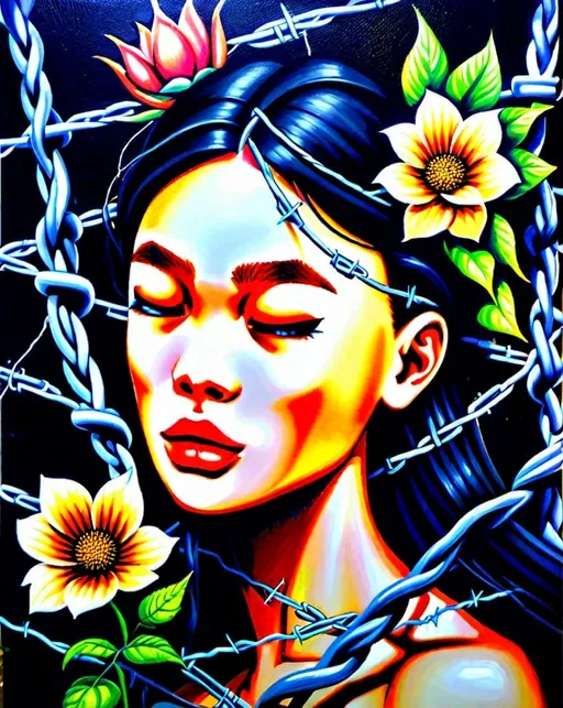 Prompt: oil painting of women's face wrapped with barbed wire, flowers background, big flowers, highly detailed, peaceful, expressionism, samdoesart, extremely finest smallest perfect details, dynamic lighting, neon bright colors