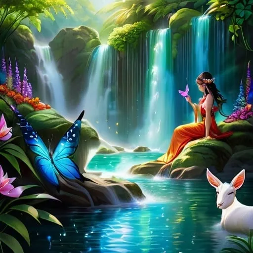 Prompt: Nature goddess tapping toe in water,  by kentaro muia,mystical paradise, cascading waterfalls, elegant flowers, butterflies, goats, high quality, mystical, serene, lush greenery, vibrant colors, detailed nature, realistic, ethereal lighting, fantasy