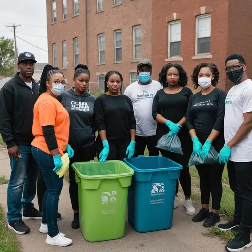 Prompt: Group of black people gathering at the clean-up initiative with materials used to clean like bins gloves