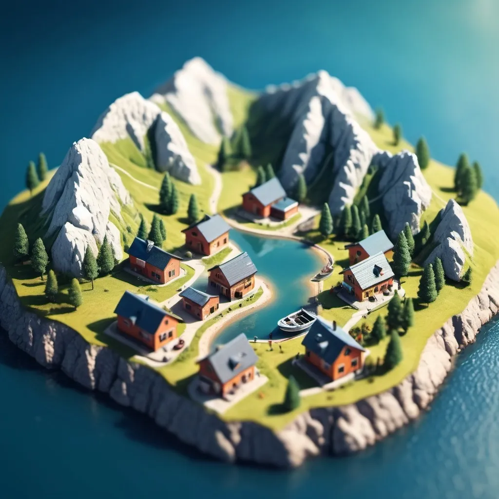 Prompt: aerial view, tilt-shift, isometric miniature world, detailed landscape world render with tiny houses and boats, mountains with lakes