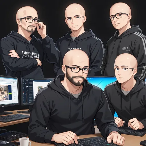 Prompt: (Anime art), bald man, black beard, thirty years old, black glasses, thick head, casual attire, (black hoodie), focused expression, adjusting glasses, modern workspace background, coding on a computer, dynamic poses, creative ambiance, confident demeanor, vibrant colors, finely detailed features, (4K ultra-detailed).