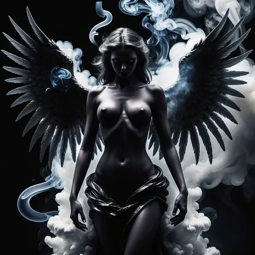 Prompt: Dark Fantasy theme image of angel and devil ultra smoke dark. black affects extrem details high quailty blend. dark cold affects ultra stunning. masterpiece