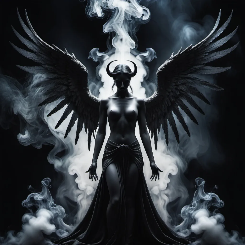 Prompt: Dark Fantasy theme image of angel and devil around ultra smoke dark. black affects extrem details high quailty blend. dark cold affects ultra stunning. masterpiece