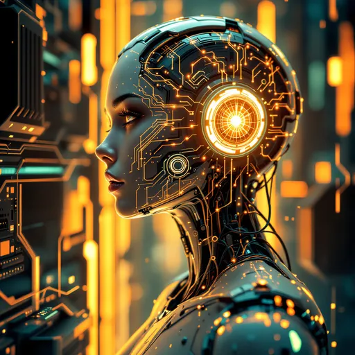 Prompt: Mind of the machine / 3D illustration of robotic science fiction female artificial intelligence hardwired to computer core