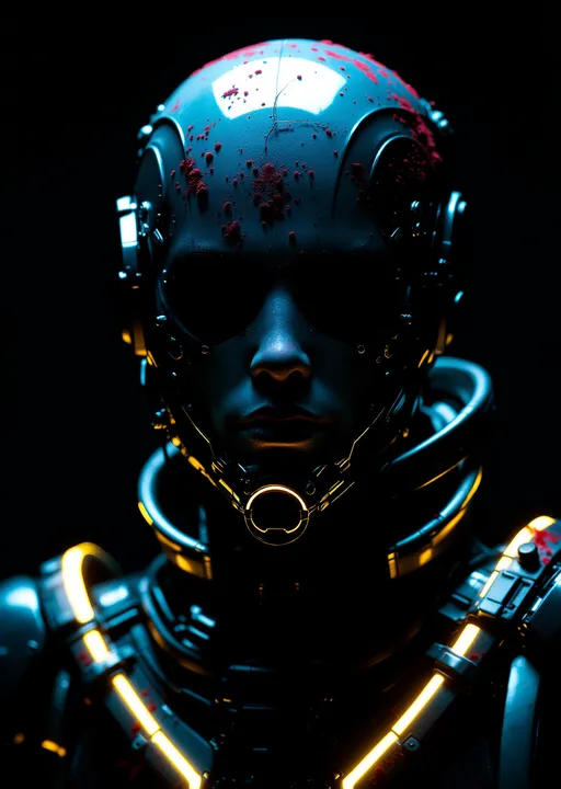 Prompt: A futuristic figure looms in stark contrast against a deep black background, its expression shrouded in an ominous embrace of technology and human fragility. The head is adorned with a complex helmet featuring a visor and intricate tubes, hinting at a cybernetic existence, while patches of what looks like blood underscore a blend of horror and scientific advancement. Neon blue and yellow lights punctuate the dark sheen of its armor, reflecting a surreal ambiance that evokes a sense of both danger and intrigue. The overall composition draws the viewer's eye to the character's stoic face, emphasizing the relentless tension between man and machine, suggesting a narrative steeped in dystopian themes and existential exploration.