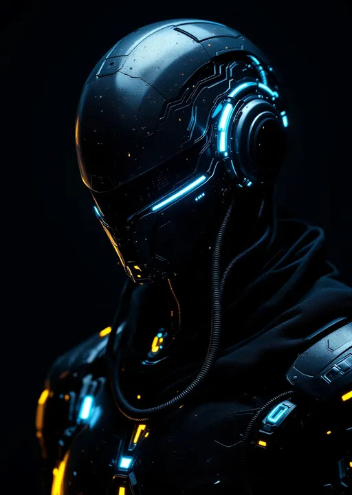 Prompt: A futuristic figure looms in stark contrast against a deep black background, its expression shrouded in an ominous embrace of technology and human fragility. The head is adorned with a complex helmet featuring a visor and intricate tubes, hinting at a cybernetic existence, while patches of what looks like blood underscore a blend of horror and scientific advancement. Neon blue and yellow lights punctuate the dark sheen of its armor, reflecting a surreal ambiance that evokes a sense of both danger and intrigue. The overall composition draws the viewer's eye to the character's stoic face, emphasizing the relentless tension between man and machine, suggesting a narrative steeped in dystopian themes and existential exploration.