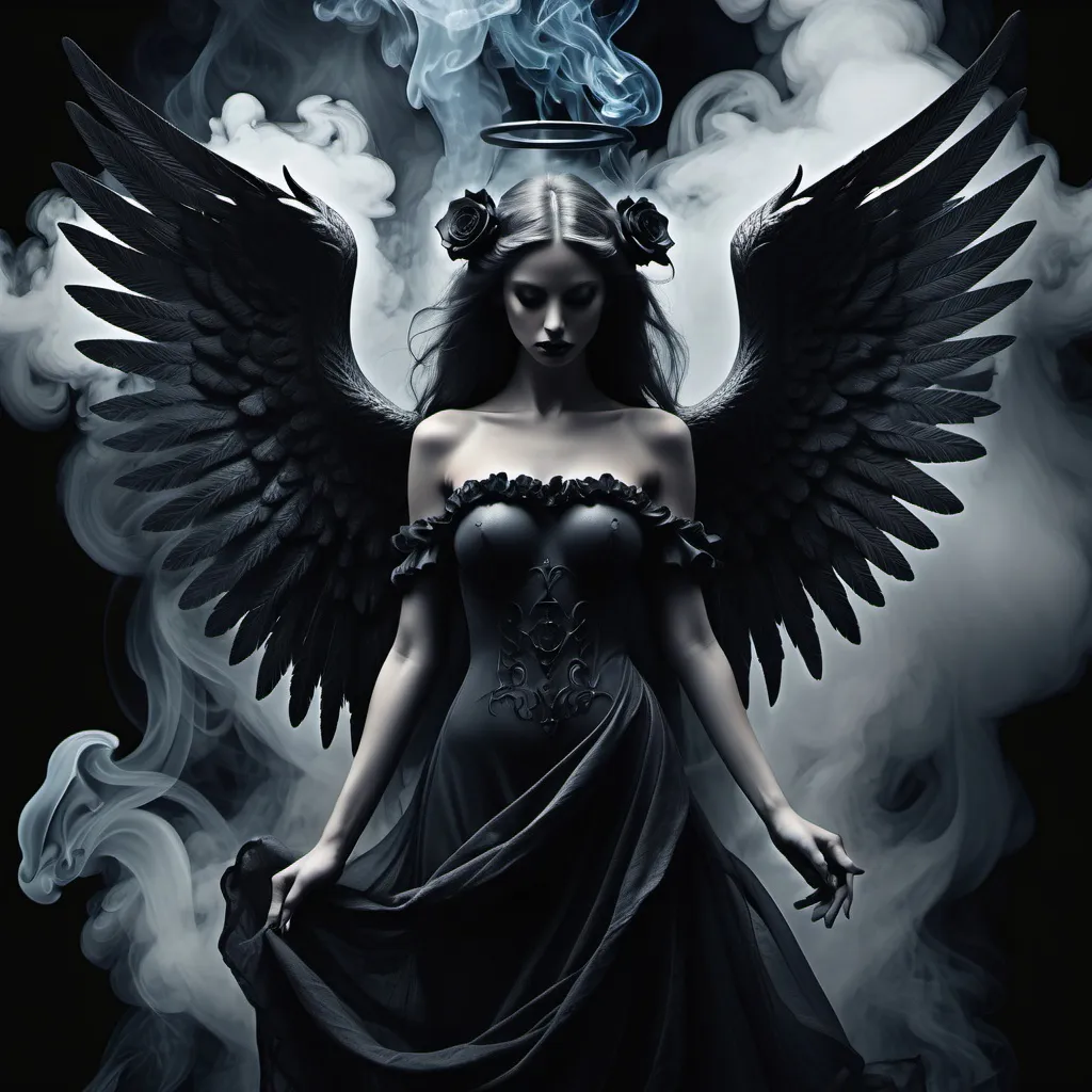 Prompt: Dark Fantasy theme image of angel and devil around ultra smoke dark. black roses affects extrem details high quailty blend. dark cold affects ultra stunning. masterpiece