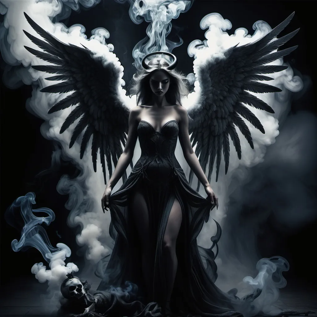 Prompt: Dark Fantasy theme image of angel and devil around ultra smoke dark. black affects extrem details high quailty blend. dark cold affects ultra stunning. masterpiece