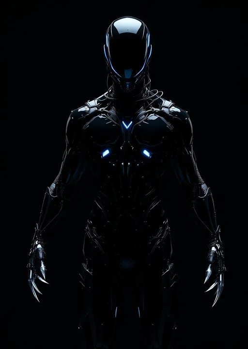 Prompt: A futuristic figure looms in stark contrast against a deep black background