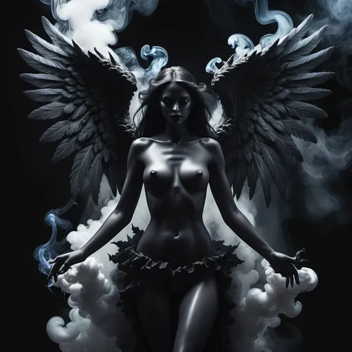 Prompt: Dark Fantasy theme image of angel and devil ultra smoke dark. black affects extrem details high quailty blend. dark cold affects ultra stunning. masterpiece