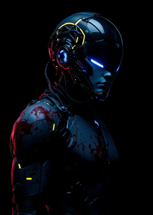 Prompt: A futuristic figure looms in stark contrast against a deep black background, its expression shrouded in an ominous embrace of technology and human fragility. The head is adorned with a complex helmet featuring a visor and intricate tubes, hinting at a cybernetic existence, while patches of what looks like blood underscore a blend of horror and scientific advancement. Neon blue and yellow lights punctuate the dark sheen of its armor, reflecting a surreal ambiance that evokes a sense of both danger and intrigue. The overall composition draws the viewer's eye to the character's stoic face, emphasizing the relentless tension between man and machine, suggesting a narrative steeped in dystopian themes and existential exploration. look up
