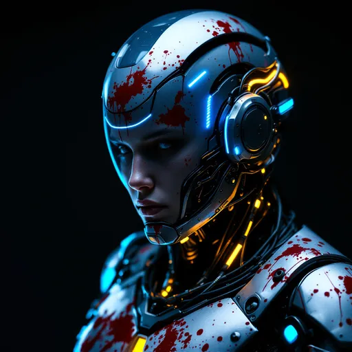 Prompt: A futuristic figure looms in stark contrast against a deep black background, its expression shrouded in an ominous embrace of technology and human fragility. The head is adorned with a complex helmet featuring a visor and intricate tubes, hinting at a cybernetic existence, while patches of what looks like blood underscore a blend of horror and scientific advancement. Neon blue and yellow lights punctuate the dark sheen of its armor, reflecting a surreal ambiance that evokes a sense of both danger and intrigue. The overall composition draws the viewer's eye to the character's stoic face, emphasizing the relentless tension between man and machine, suggesting a narrative steeped in dystopian themes and existential exploration.