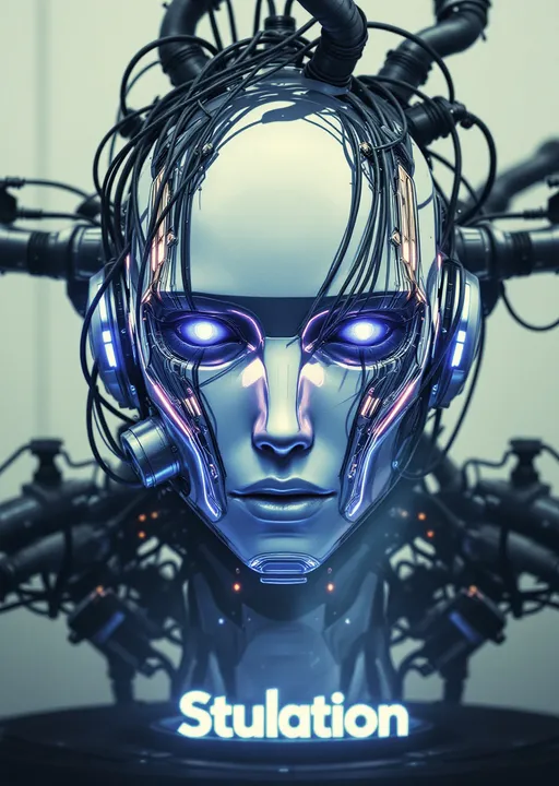 Prompt: In a futuristic, cybernetic landscape, a strikingly human-like robot head dominates the scene, its smooth, metallic surface reflecting an array of intricate cables and glowing components. The face features a pair of piercing, violet eyes that seem to gaze deeply, while the structured details of its jaw and nose convey an eerie realism. Surrounding the head, a maze of interconnected pipes and wires spiral outward, hinting at a complex technological environment, bathed in a blue, ambient light that adds to the ominous atmosphere. The overall composition conveys a sense of advanced technology and alien intelligence, evoking feelings of curiosity and unease. The sleek design, combined with the cold color palette, creates a compelling narrative of the intersection between humanity and machinery.