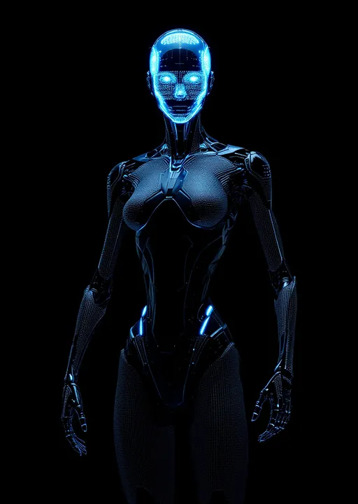 Prompt: A futuristic figure looms in stark contrast against a deep black background