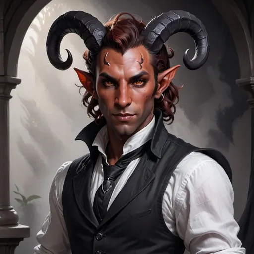 Prompt: male tiefling character portrait, (reddish skin), (curved charcoal horns), dressed in elegant clothes, (white napkin tucked into collar like a bib), confident expression, dramatic details, (high-quality textures), cinematic lighting, rich background with deep shadows, fantasy vibes, intricate clothing patterns, captivating and mysterious aura, 4K ultra-detailed.