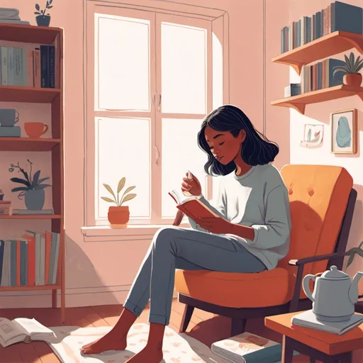 Prompt: an illustration of a girl is sitting in her room and drinking tea and reading a book