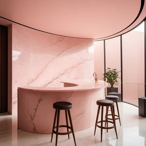 Prompt: a pink marble, half circular bar counter, minimal studio enviroment, warm soft light, architecture photography, photograph for Architectual digest