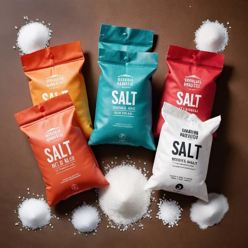 Prompt: A top down product photo showing 3 varieties of salt inside the sacks, bright colors, photorealistic 