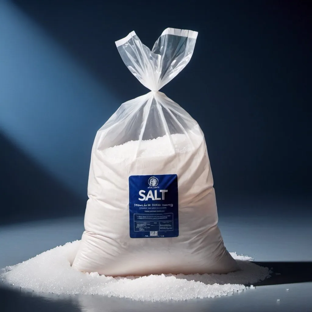 Prompt: a product shot of a plastic bag of salt, bright lighting, shot by Wilfried Haubenberge