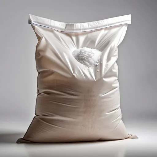 Prompt: a perfectly lit shot of  a 25 kg plastic sack of salt, studio enviroment, white background, photorealistic, make it as a mock-up photo 