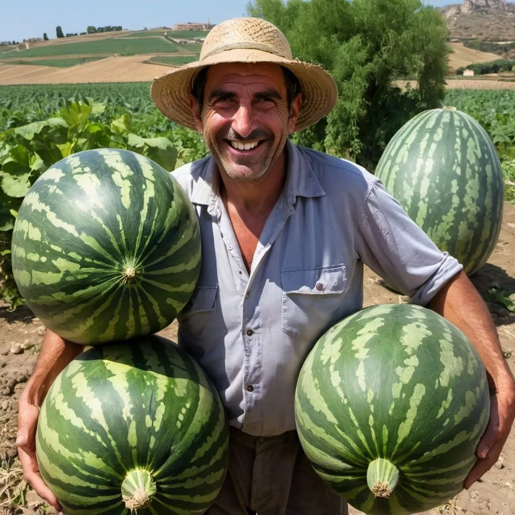 Prompt: Smiling Sicilian farmer with two giant watermellons