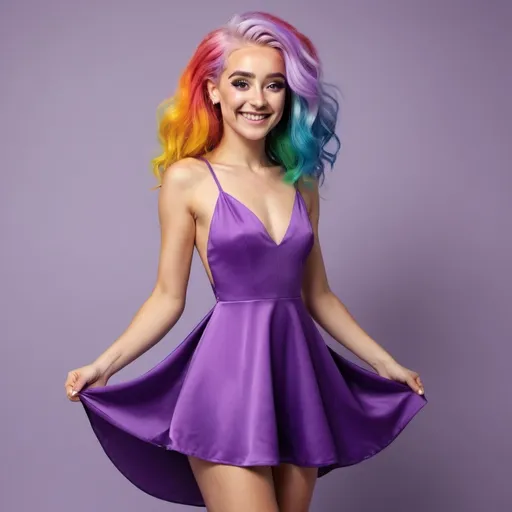 Prompt: A olimpic female with four legs and one harm is smiling, she wears a violet dress, rainbow hair