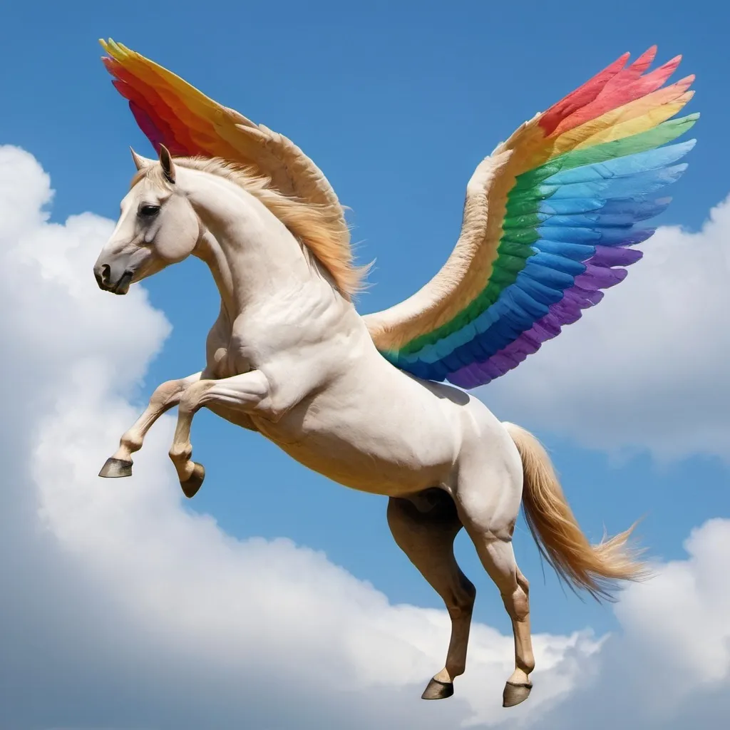 Prompt: A horse with rainbow wings is flying higher