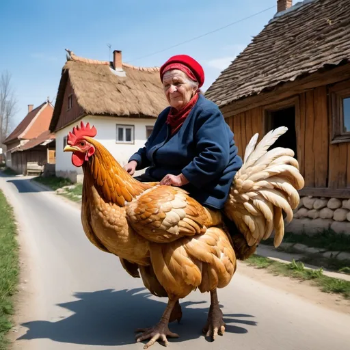 Prompt: An old and poor roumanian fat widow is riding a giant chicken, spring day in a roumanian village