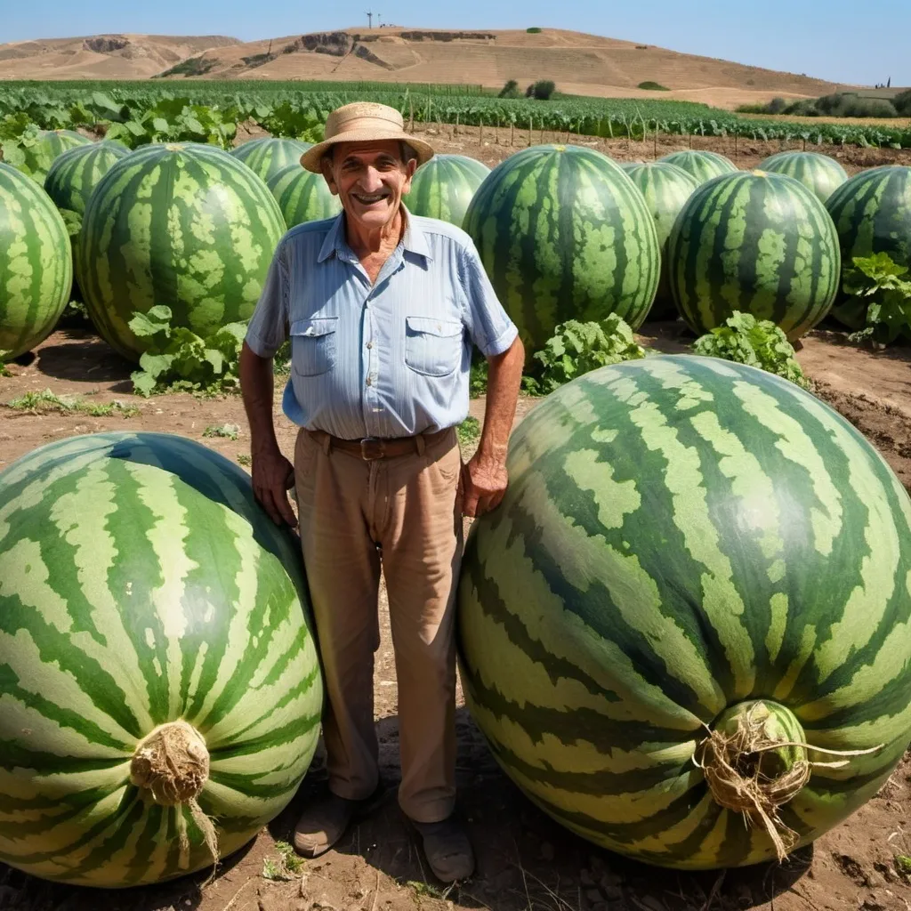 Prompt: A Smiling old Sicilian farmer stand close to 2 giant watermellons, longer than 1 meter