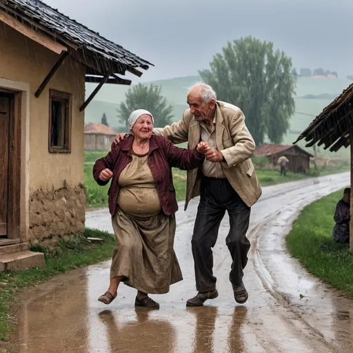 Prompt: Roumenian countryside: and old, thiny and poor man is dancing under the rain with an old poor and fat woman