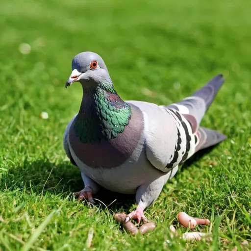 Prompt: A pigeon under the grass is eating worms 