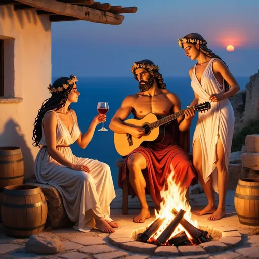 Prompt: Female and male Greek gods are singing drunk in Sicily, at the dawn, near a firecamp. A male with a guitar, a female singing and keeping a glass of wine