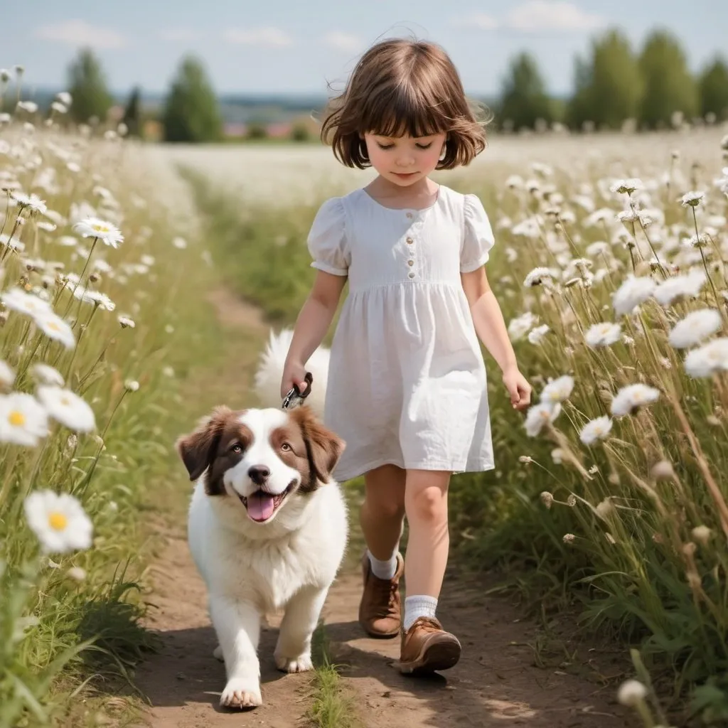 Prompt: A little girl with short brown hair is walking with her white, pluffy dog, in a flowered field