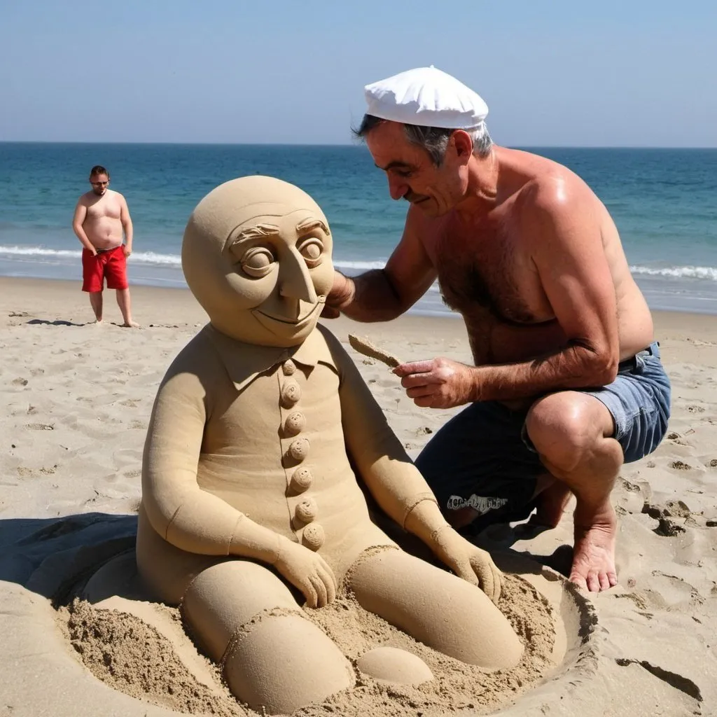 Prompt: On a beach, an old artist is building a sand sculpture of p
Pulcinella