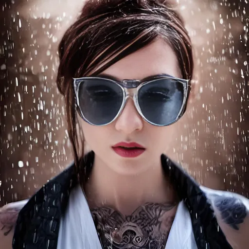 Prompt: A tattooed girl with silver-framed glasses standing on rooftop, drenched in rain, hyperrealistic, intricate details, highly detailed, 8k, high quality, sharp focus, photo studio quality, symmetrical, scifi background, centered character