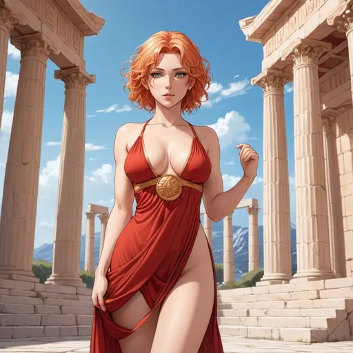 Prompt: Aphrodite goddess, sensual, long low-cut dress, all body, sports physique, curvy body, semi short hair, blonde and red hair, anime character, drawing anime, greek temple in the background