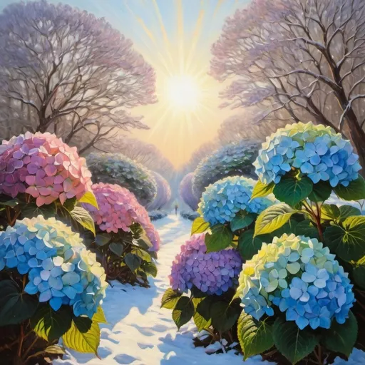 Prompt: hydrangeas looking into the shinning heart-shaped sun in winter, art like monet